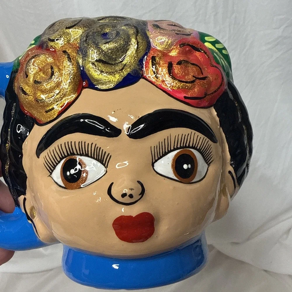 Frida Kahlo Hand Painted 3D Figural Pottery Coffee Mug Souvenir Mexico Glitter